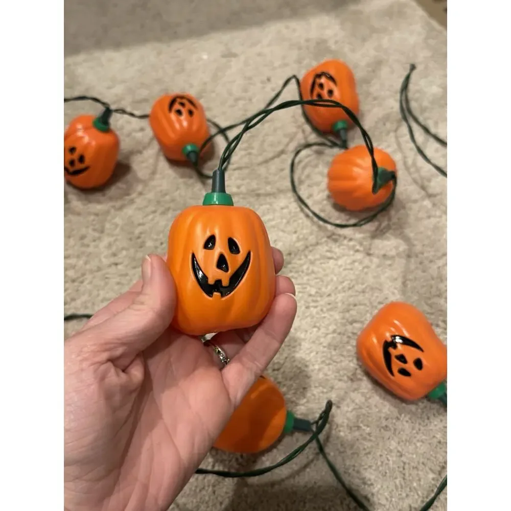 10 Halloween string lights Pumpkin JACK-O-LANTERN Blow Mold vintage Garland 10